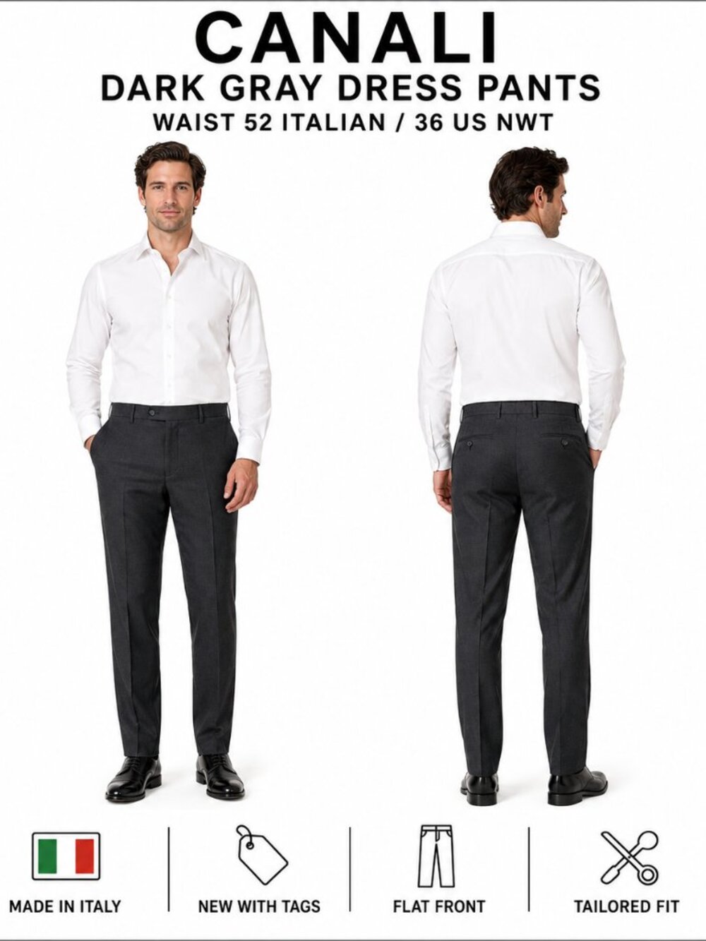 CANALI ITALLIAN DARK GRAY WOOL DRESS PANTS 52 ITALIAN 36 US NWT